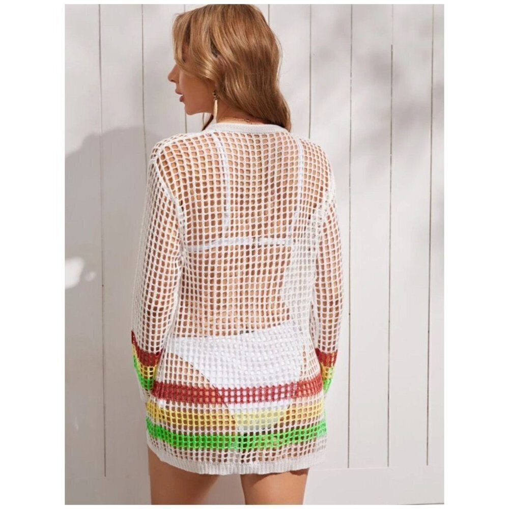 Crochet SWIM COVER UP NEW Boho Gypsy Beach Princess White Striped Womens Size L - Picture 10 of 13